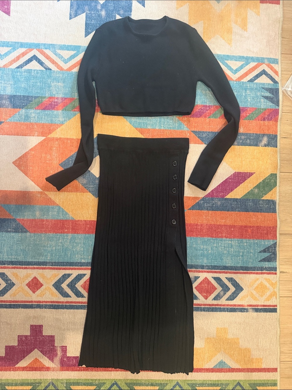 Women’s Black Ribbed Knit Skirt Set with Side Button Detail